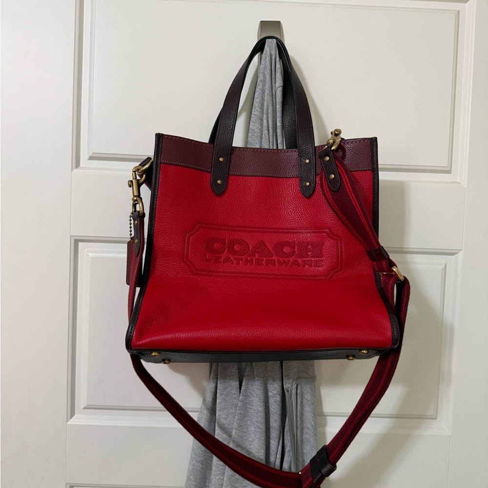 Coach Red and Dark Brown Leather Logo Tote